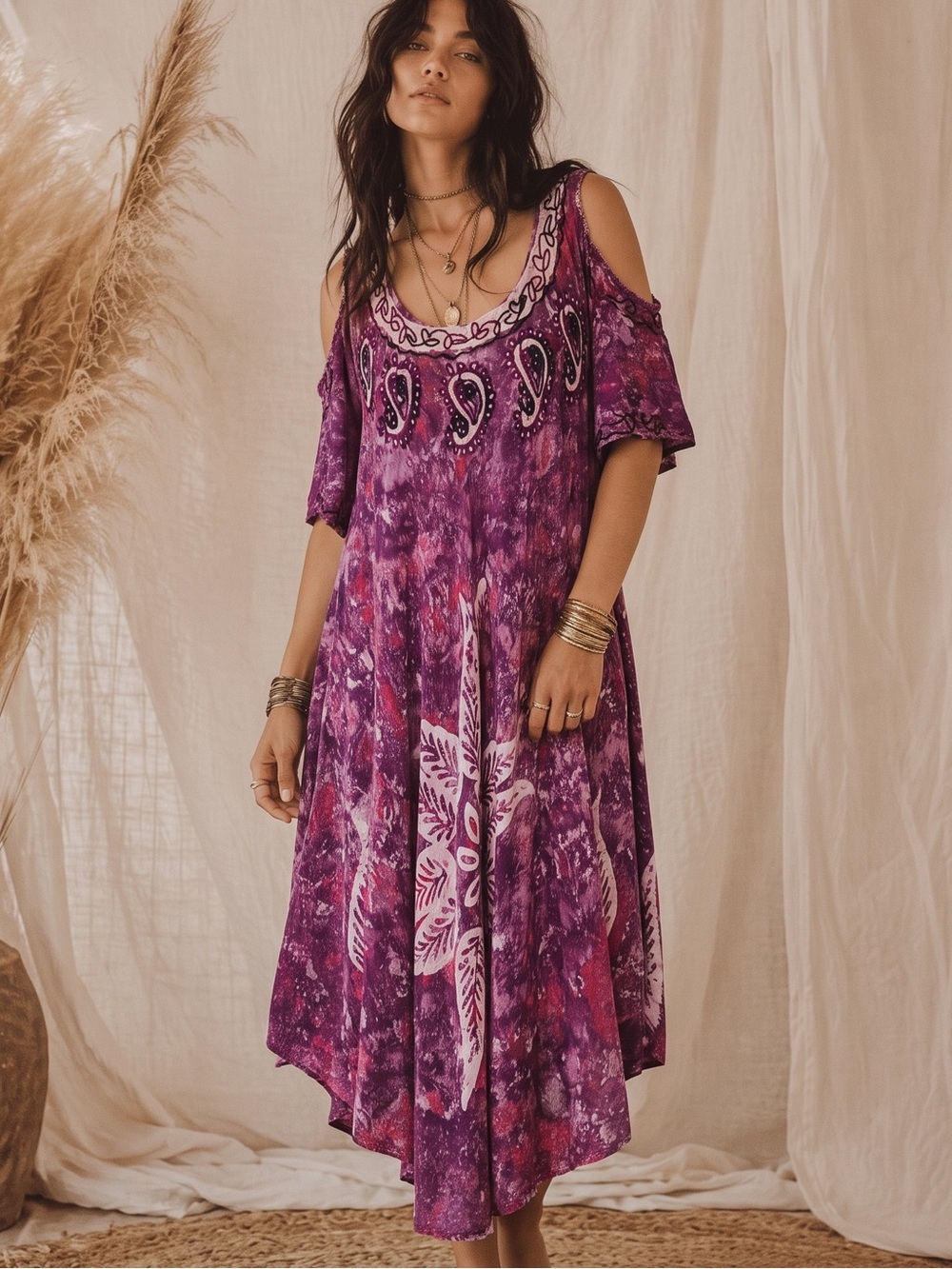VINTAGE SHORELINE Cold Shoulder Hippie Midi Dress